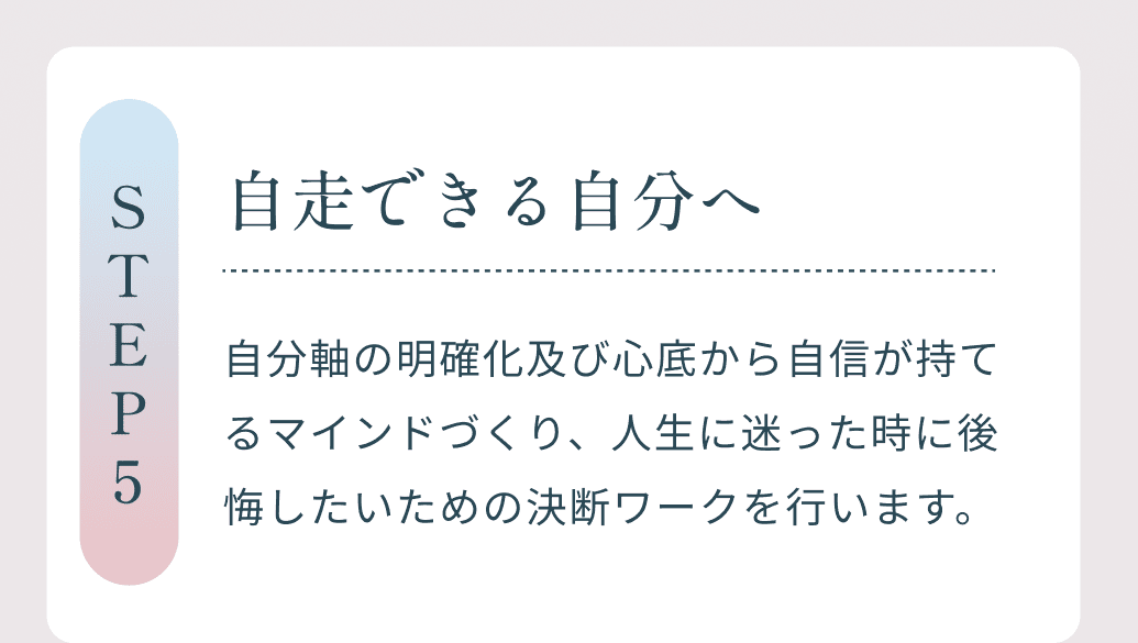 Step5 自走できる自分へ 自分軸の明確化及び心底から自信が持てるマインドづくり、人生に迷った時に後悔したいための決断ワークを行います。